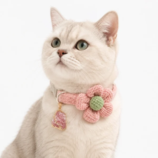 Rose Quartz Cat Collar – Crochet Flower Charm