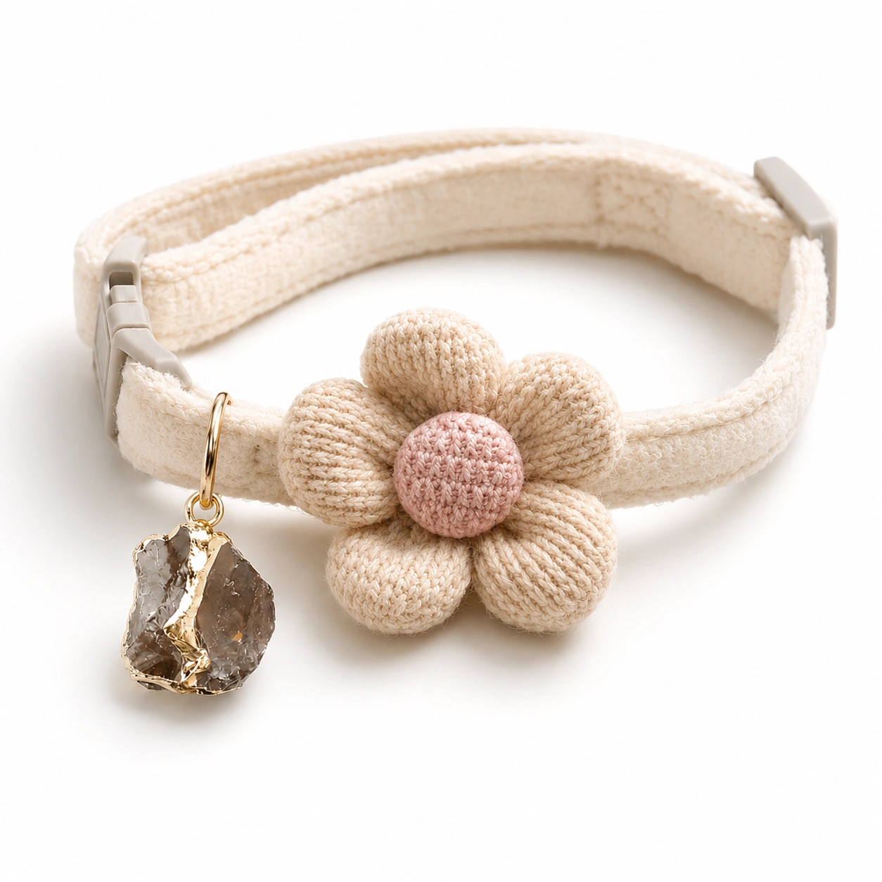 Cat Collar with Crochet Flower & Raw Smoky Quartz Charm