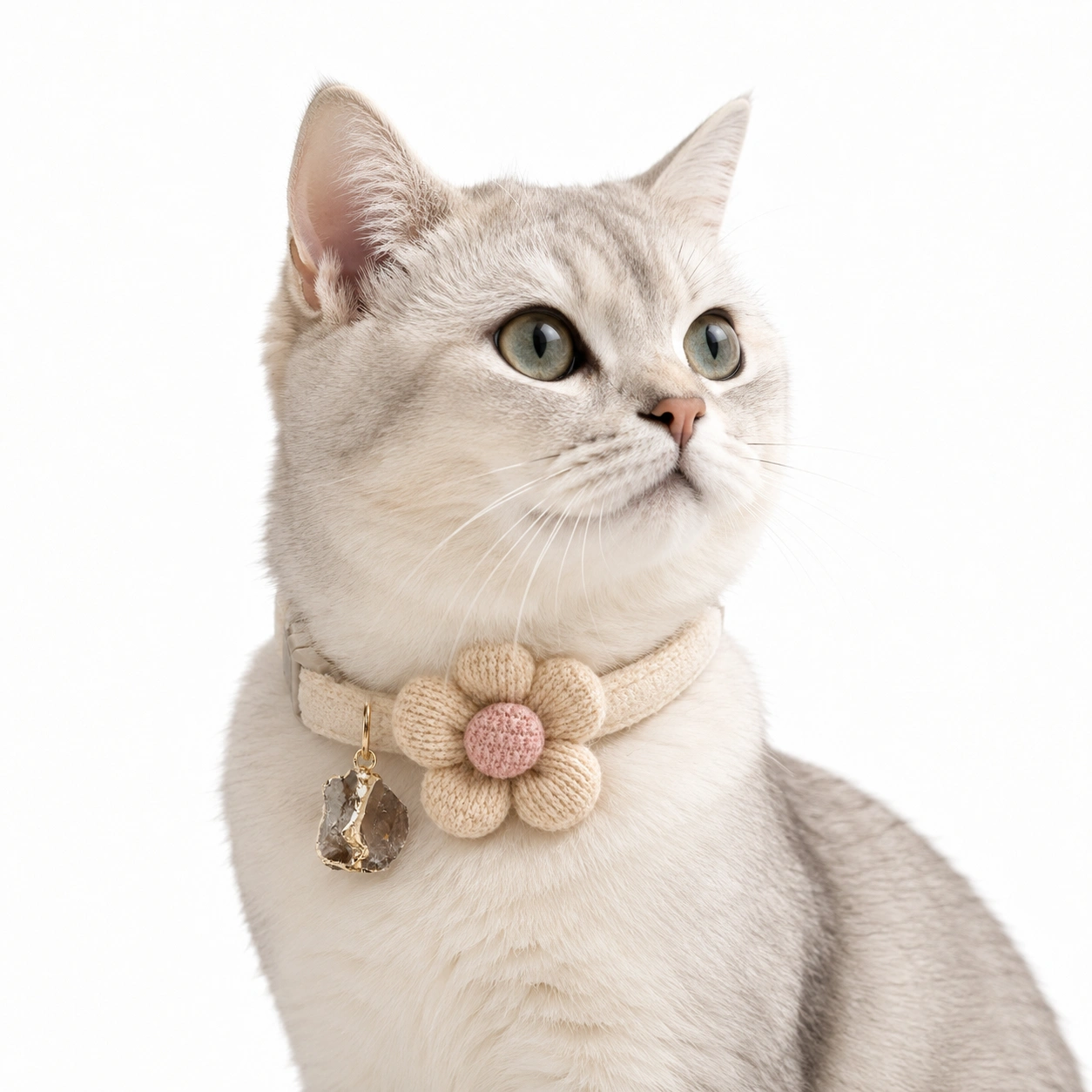 Cat Collar with Crochet Flower & Raw Smoky Quartz Charm