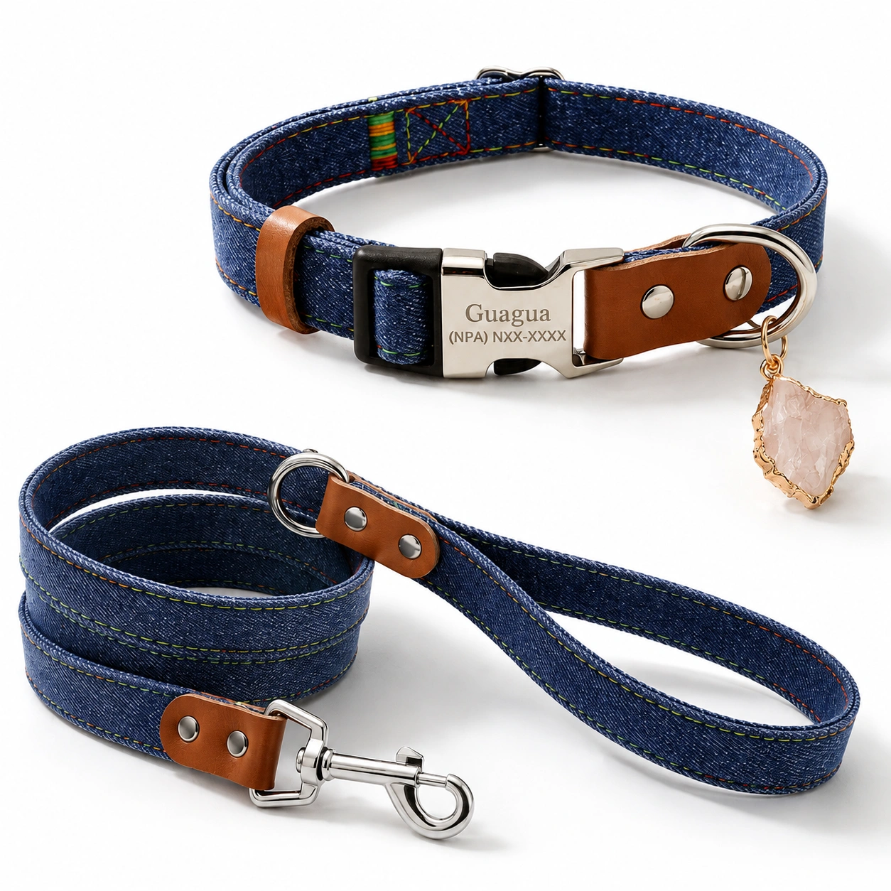 Dog Collar & Leash Set with Raw Rose Quartz Charm