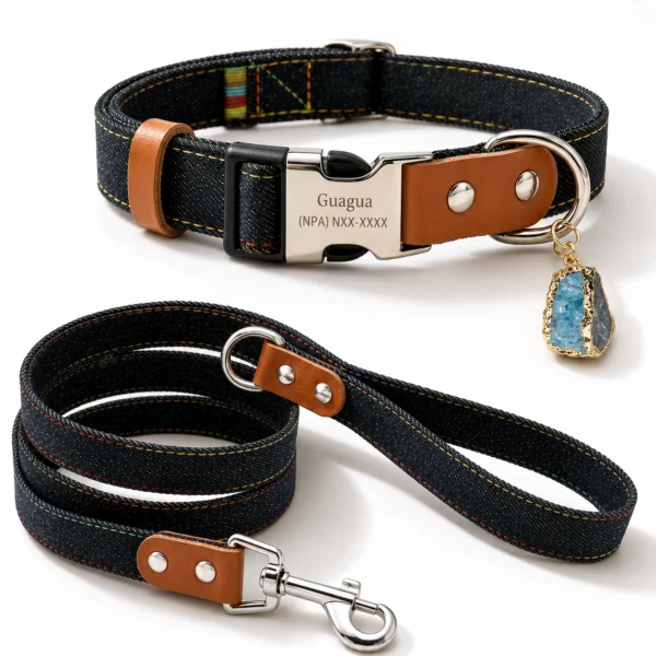 Natural Apatite Crystal Dog Collar Charm – Denim & Leather Pet Collar Accent