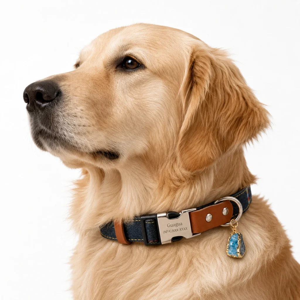 Natural Apatite Crystal Dog Collar Charm – Denim & Leather Pet Collar Accent
