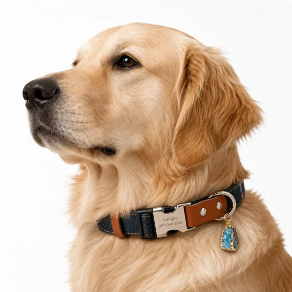 Natural Apatite Crystal Dog Collar Charm – Denim & Leather Pet Collar Accent
