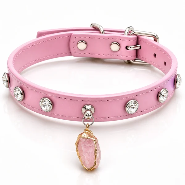 Rose Quartz Gemstone Dog Collar - Pink Rhinestone Charm