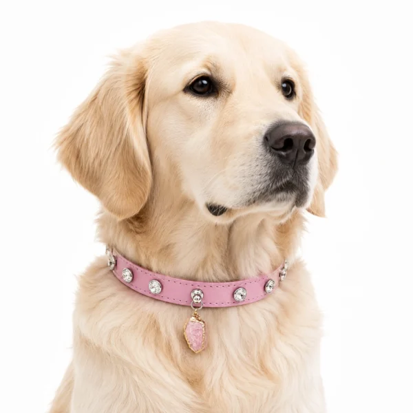 Rose Quartz Gemstone Dog Collar - Pink Rhinestone Charm
