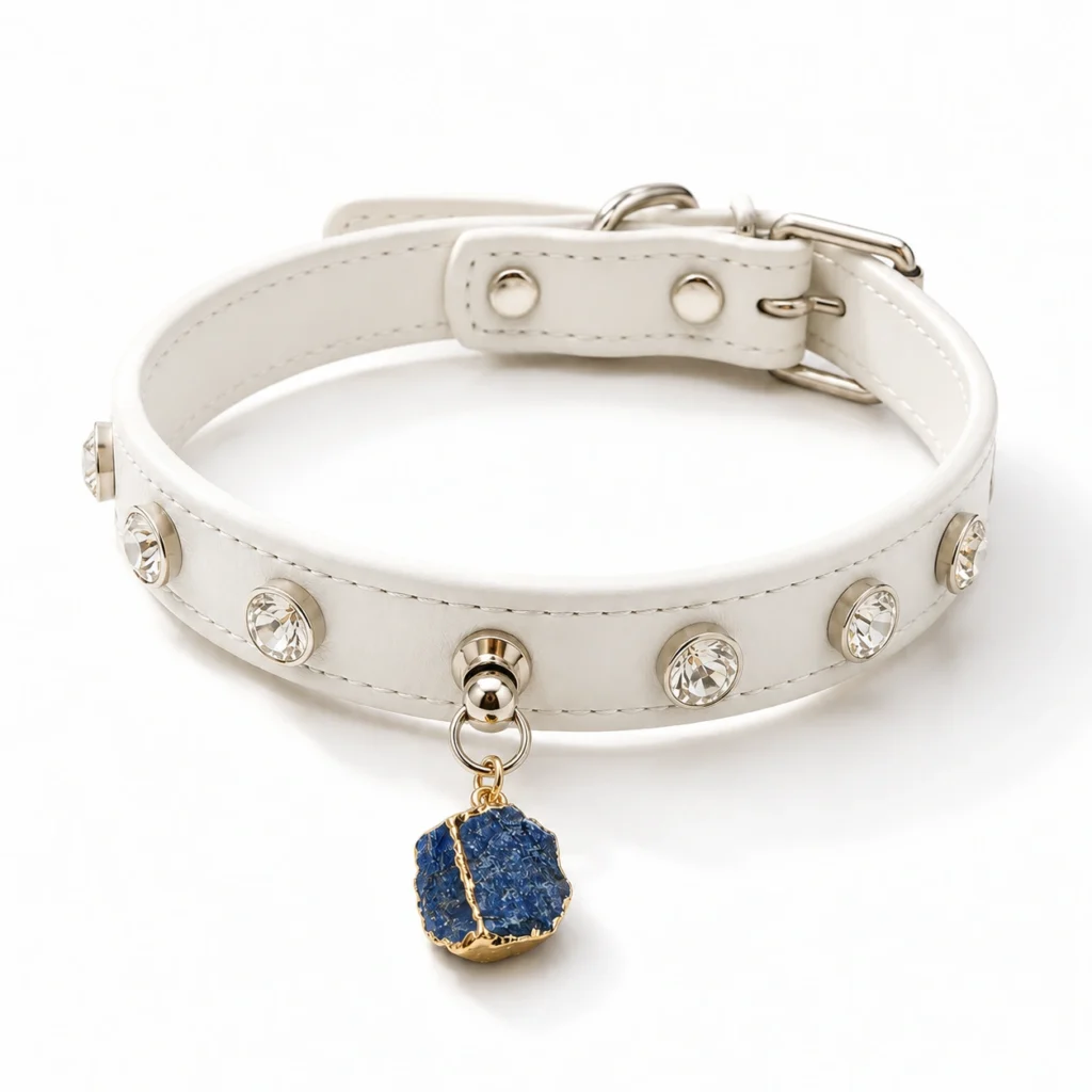Lapis Lazuli Dog Collar — White Rhinestone Charm