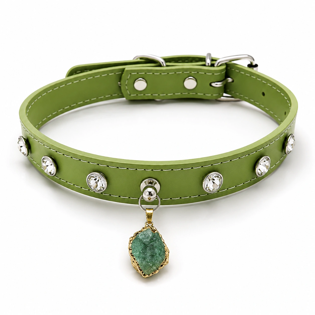 Green Rhinestone Dog Collar with Raw Green Aventurine Charm
