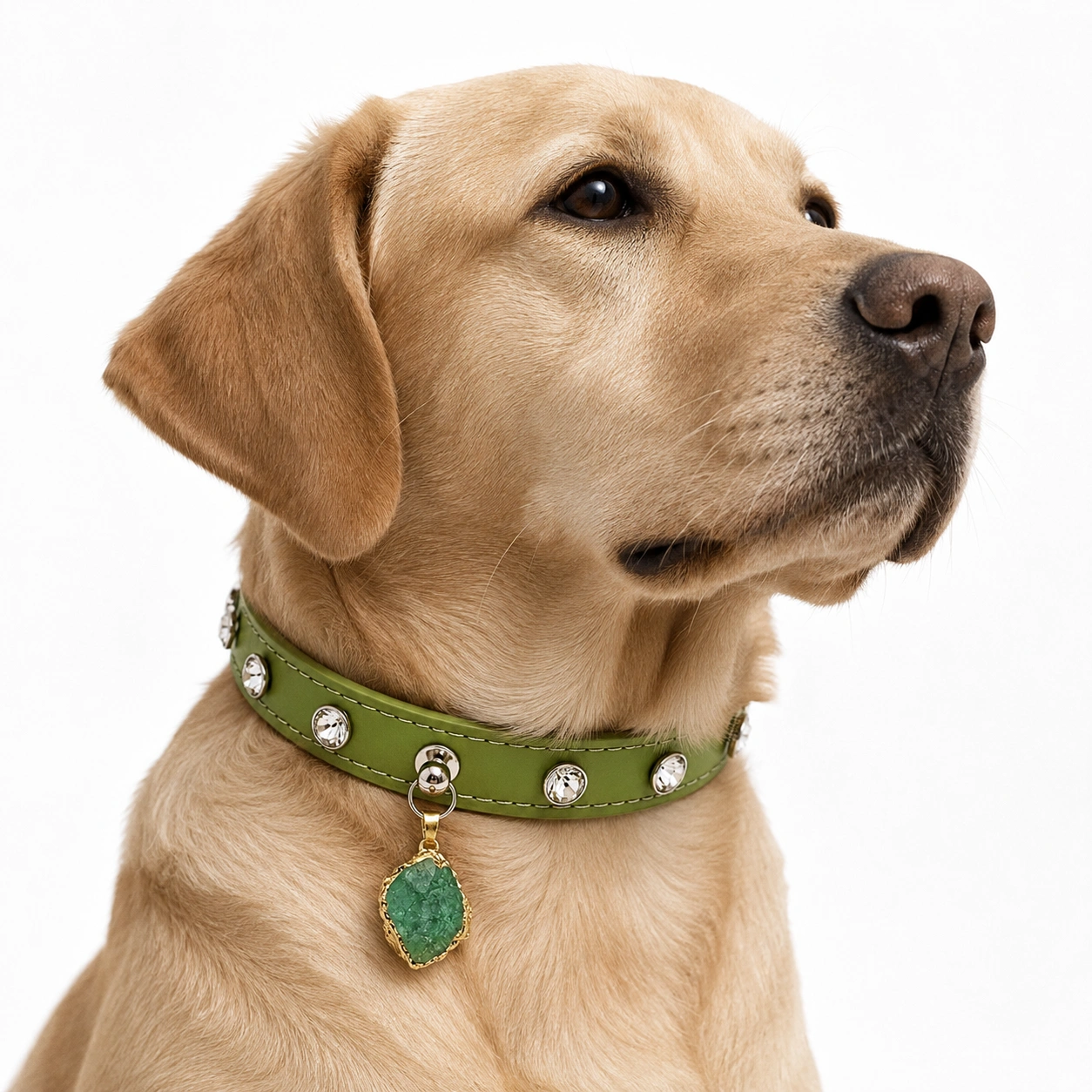 Green Rhinestone Dog Collar with Raw Green Aventurine Charm