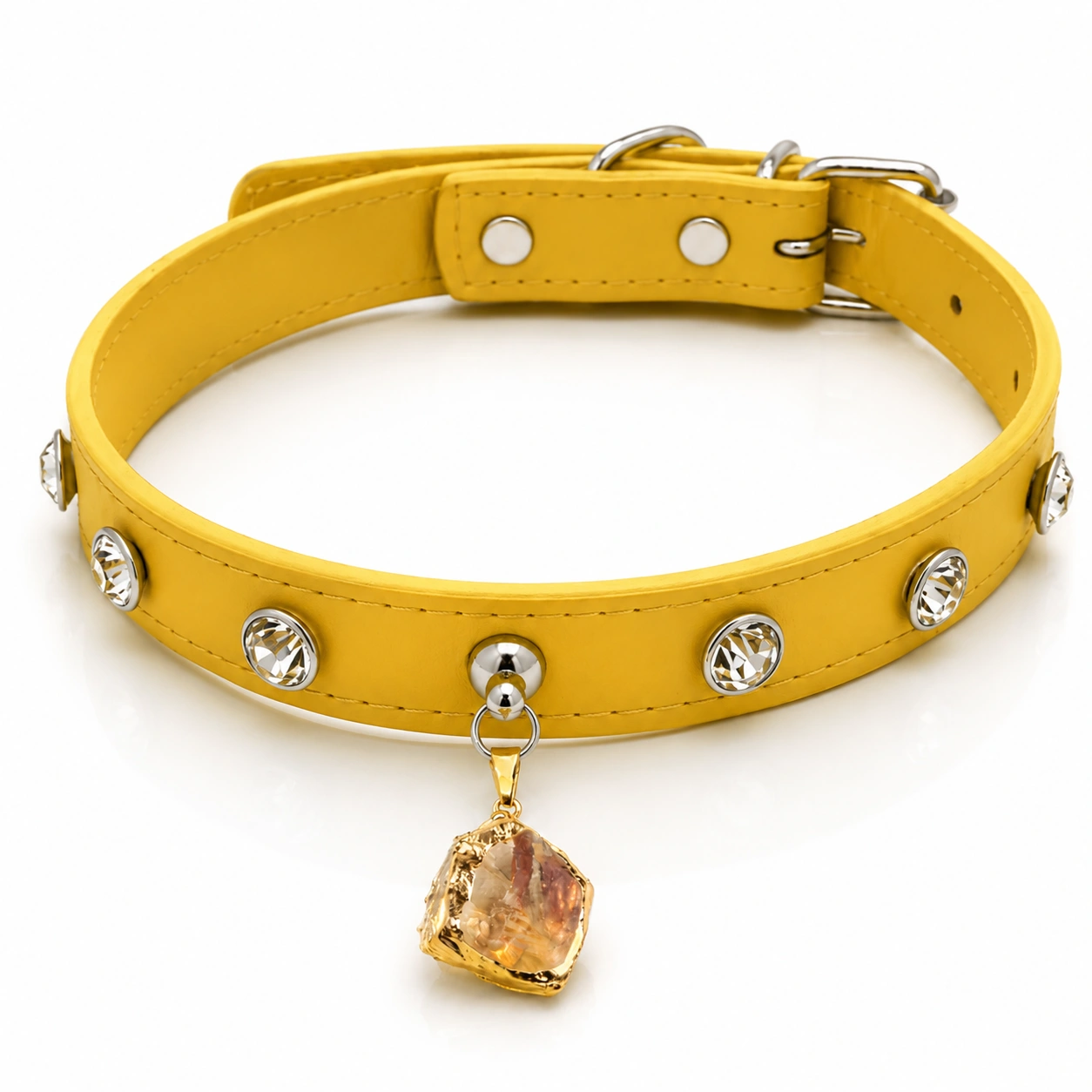 Yellow Rhinestone Dog Collar with Raw Citrine Charm