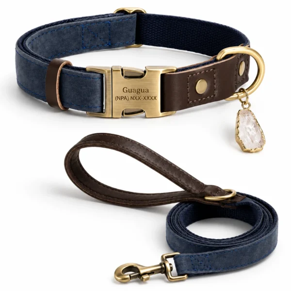 Clear Quartz Dog Collar Set - Navy Leather Design