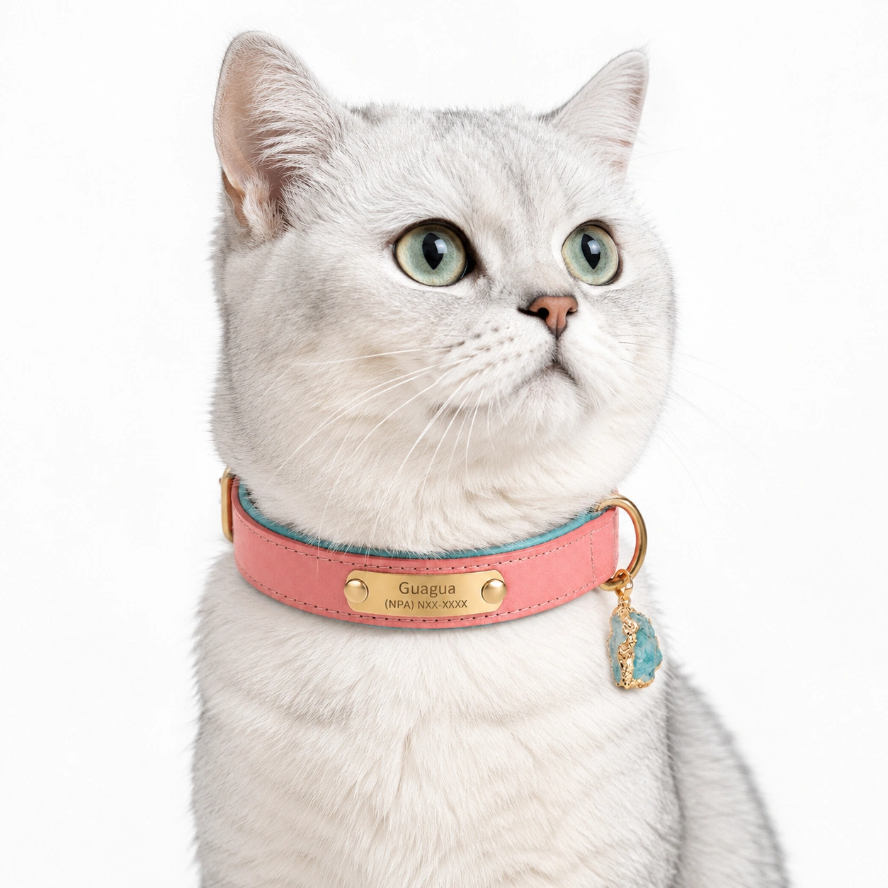 Pink Leather Dog Collar & Leash Set with Raw Aqua Quartz Charm