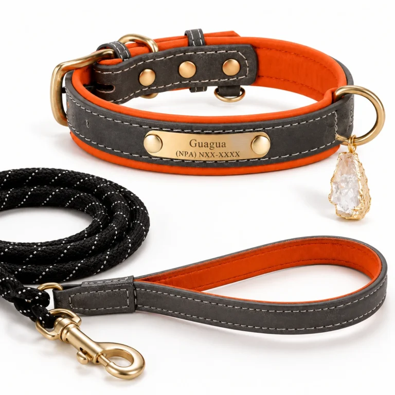 Gray Leather Gemstone Dog Collar Set - Elegant Crystal Charm Design