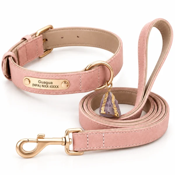 Amethyst Leather Dog Collar Set - Blush Pink