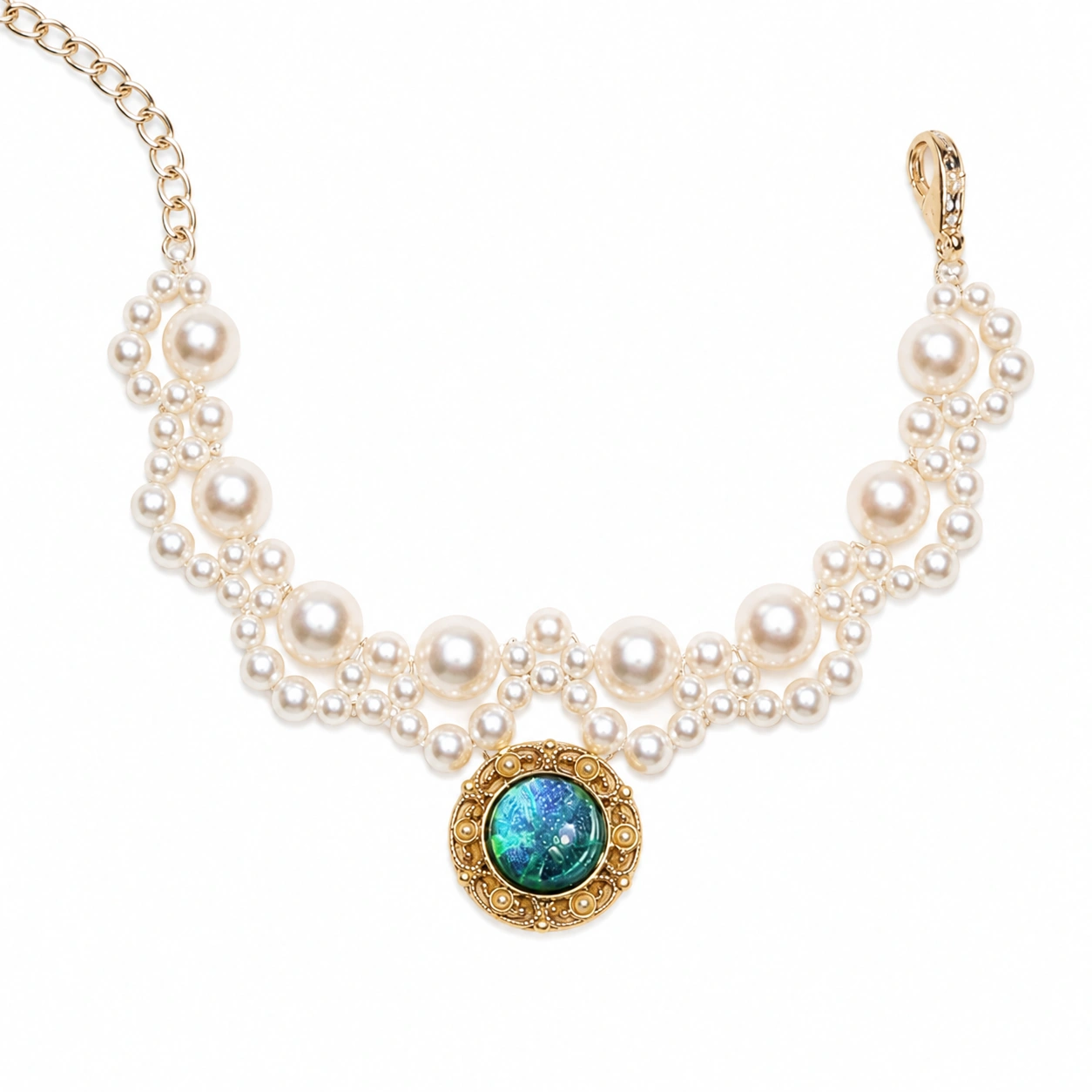 Vintage Pearl Cat Collar Necklace with Royal Opal Pendant
