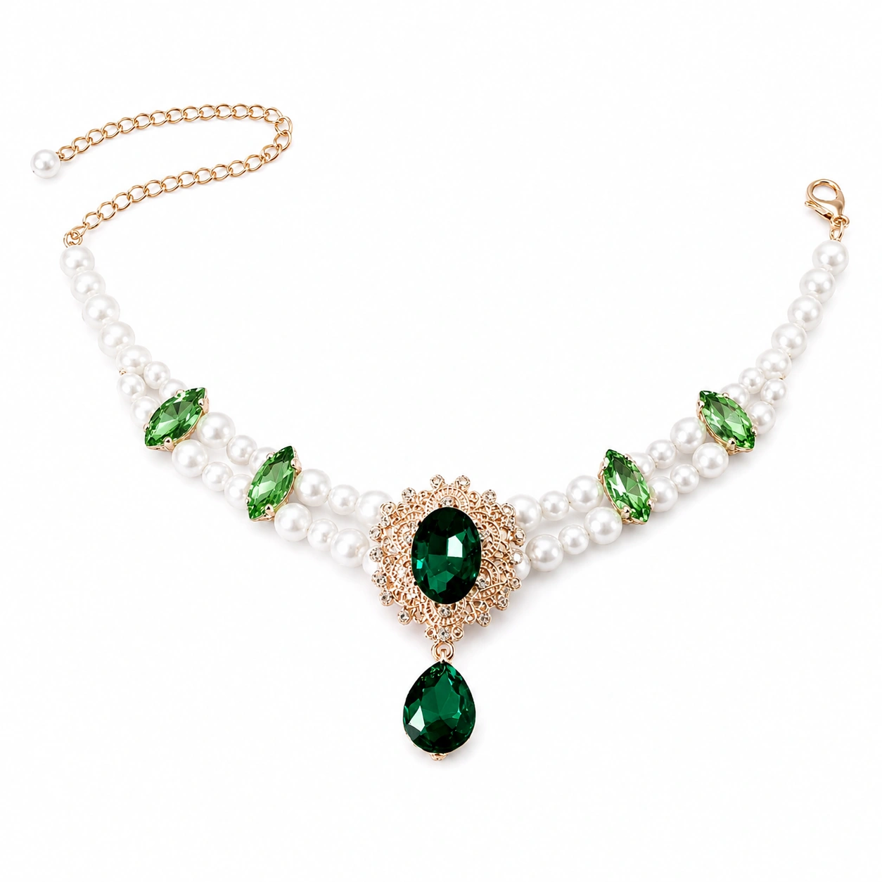Vintage Alloy Pearl Green Gem Cat Collar