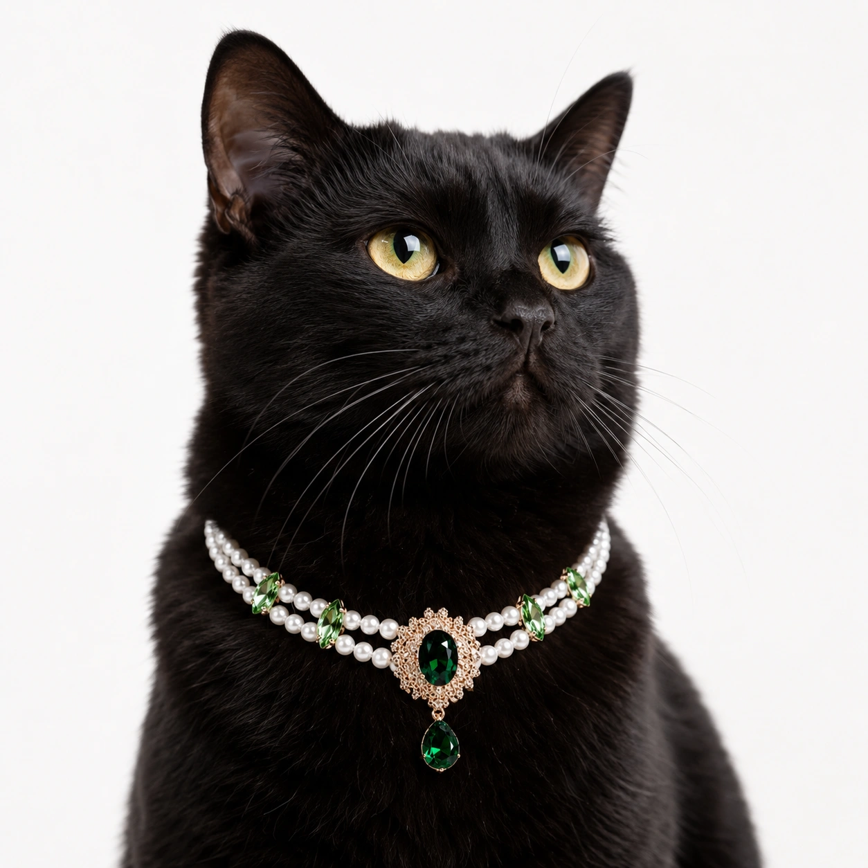 Vintage Alloy Pearl Green Gem Cat Collar
