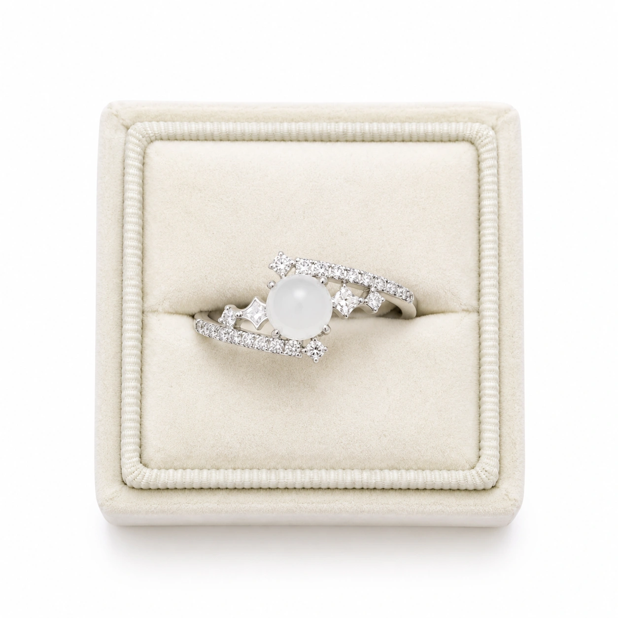White Moonstone Halo Ring