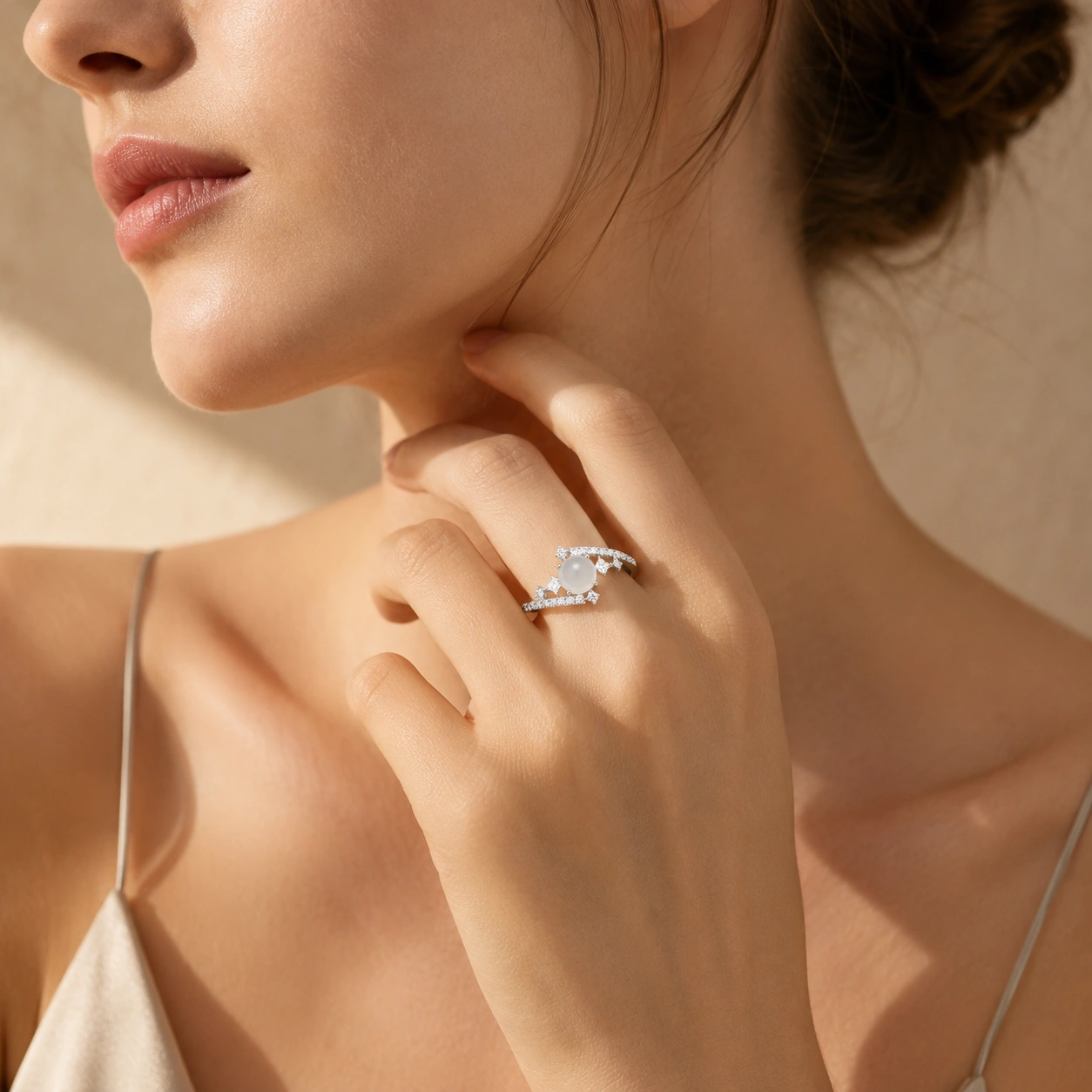 White Moonstone Halo Ring