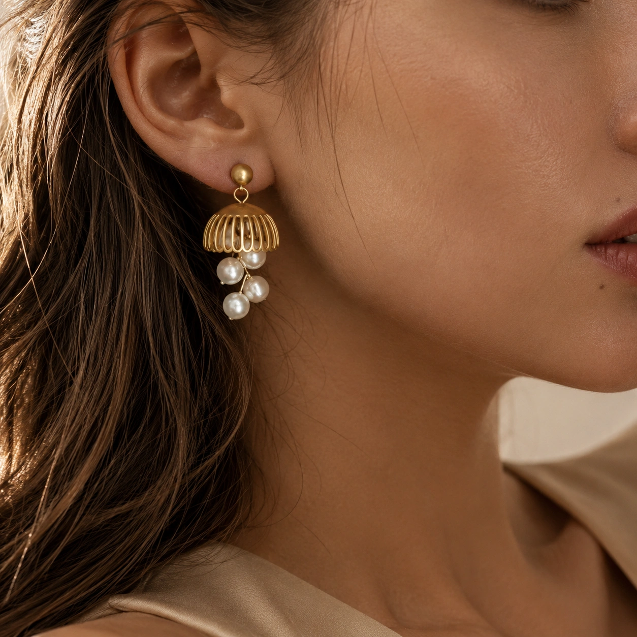 Vintage Gold-Tone Alloy Bell Pearl Drop Earrings