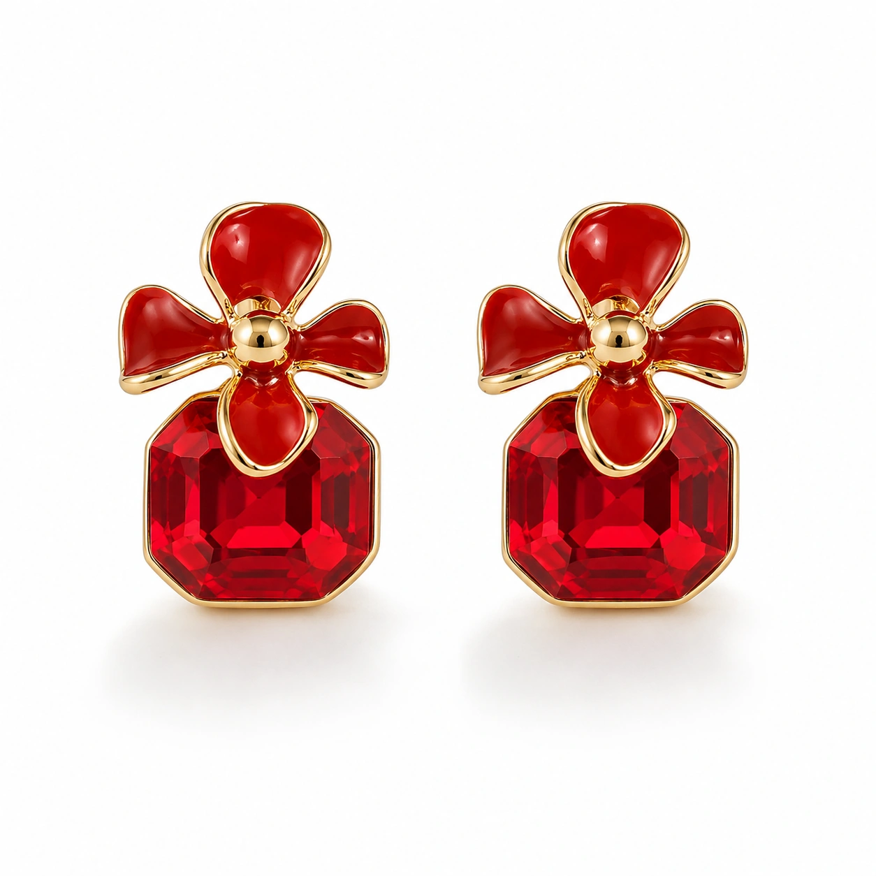 Vintage Red Enamel Flower Stud Earrings – Gold Tone Alloy Design