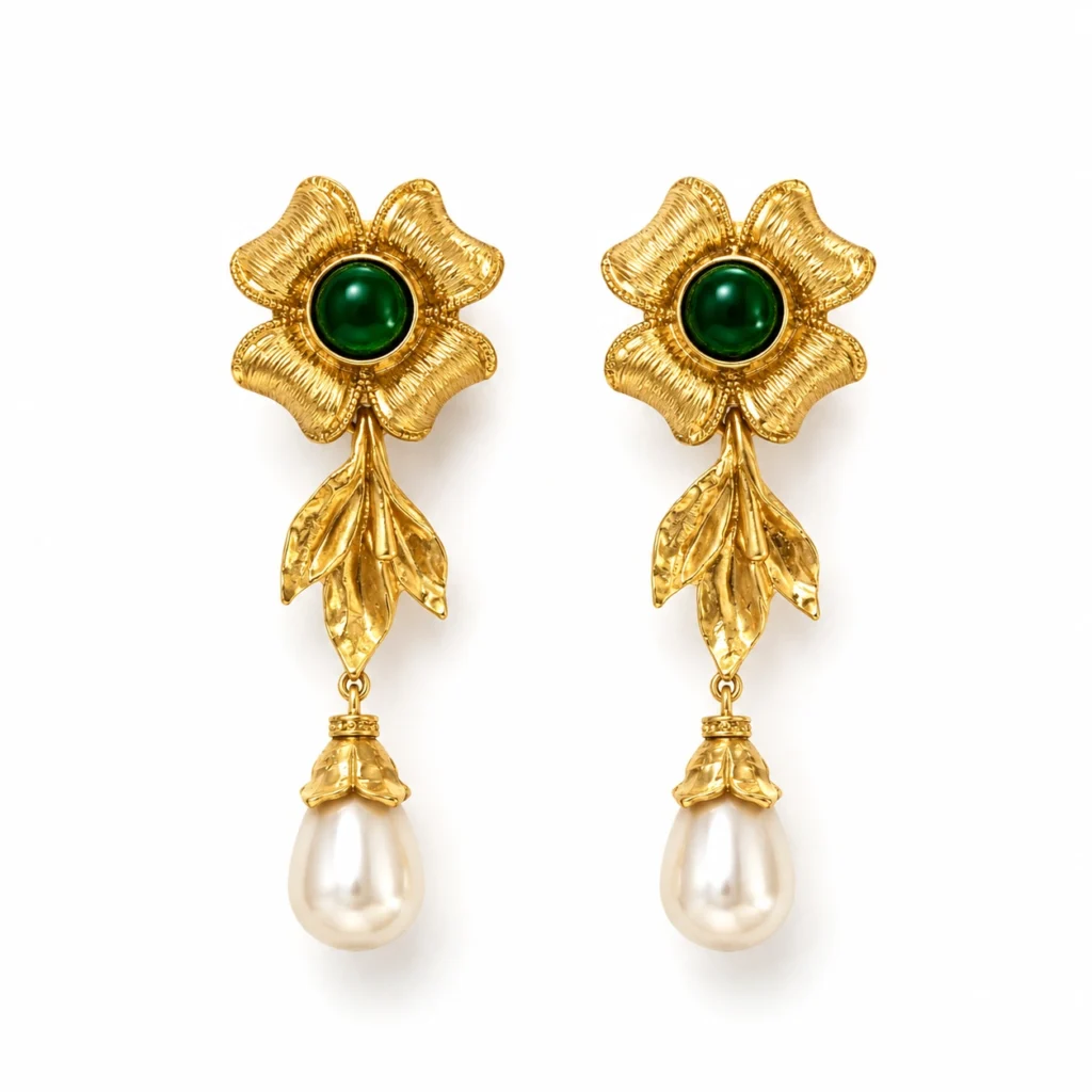 Vintage Pearl Drop Earrings – Floral Gold Statement Design