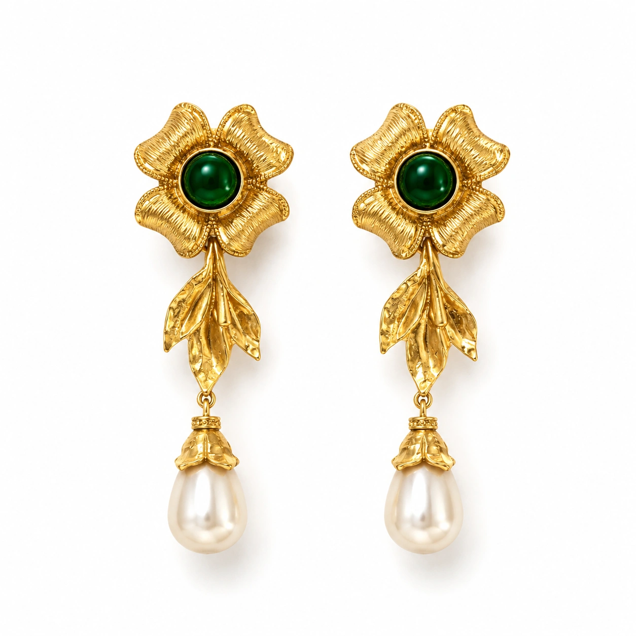 Vintage Pearl Drop Earrings – Floral Gold Statement Design