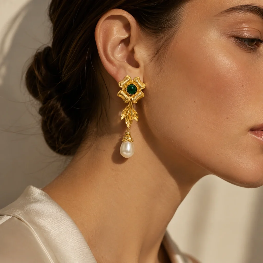 Vintage Pearl Drop Earrings – Floral Gold Statement Design