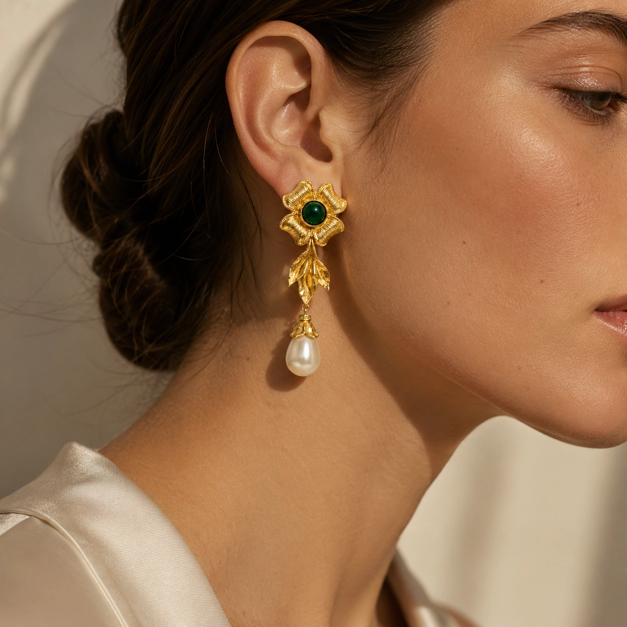 Vintage Pearl Drop Earrings – Floral Gold Statement Design
