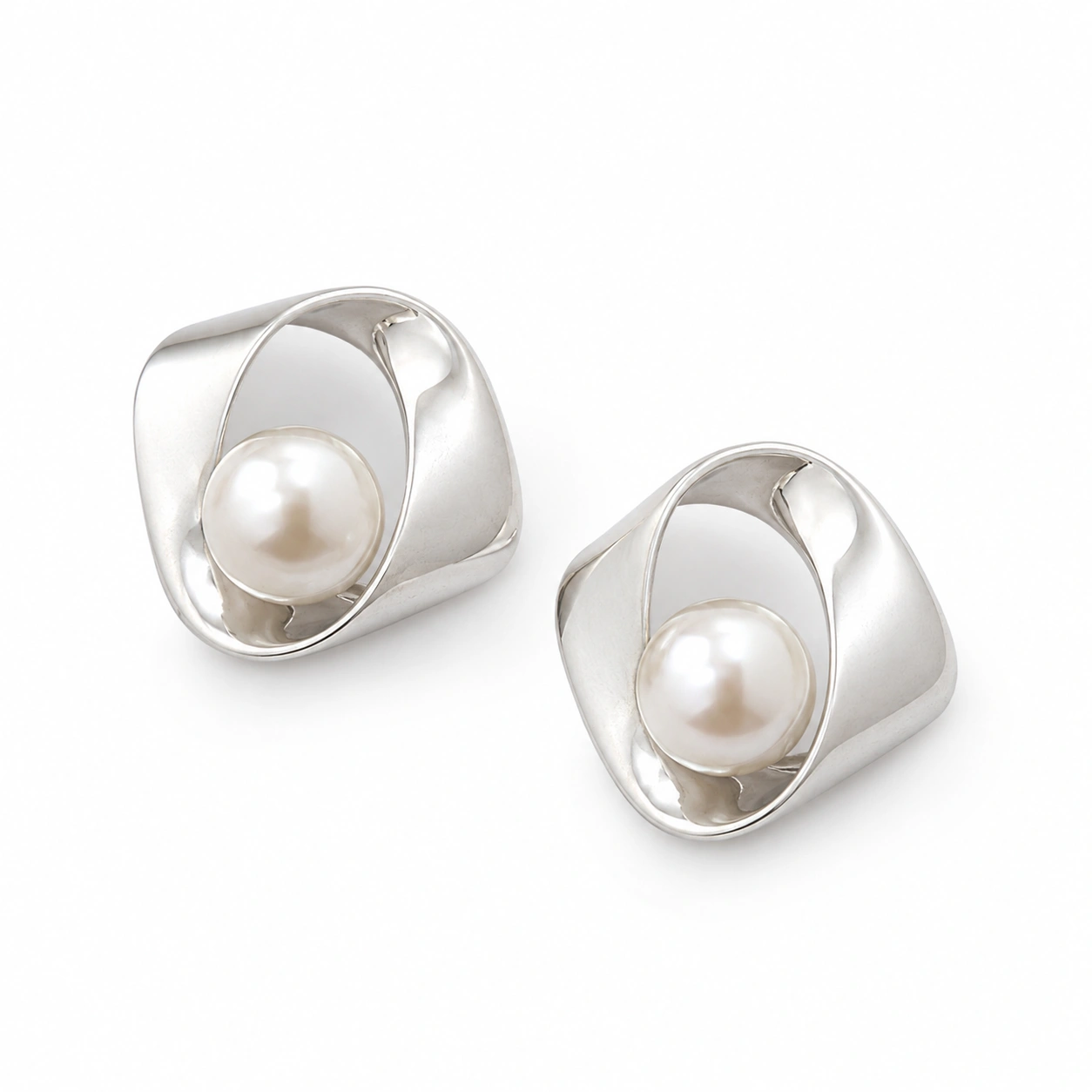 Silver Geometric Stud Earrings – Faux Pearl Accent