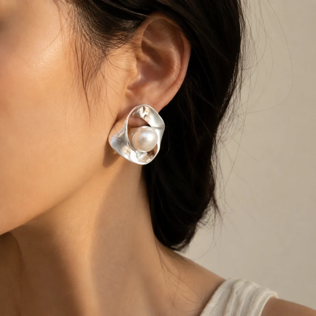 Silver Geometric Stud Earrings – Faux Pearl Accent