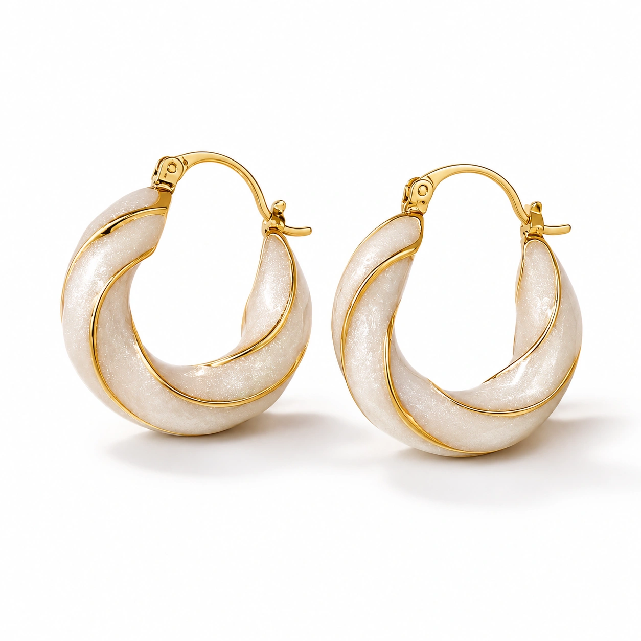 White Enamel Twist Hoop Earrings – Elegant Gold Tone Jewelry