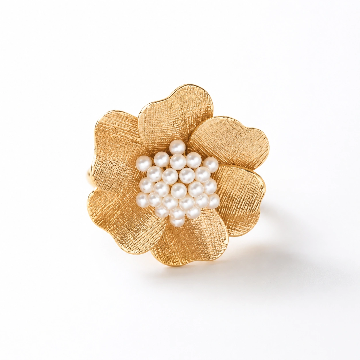 Vintage Pearl Flower Statement Ring – Textured Gold Design