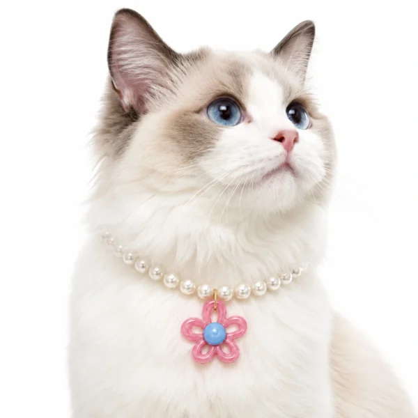 Pearl Cat Collar - Pink Flower Charm
