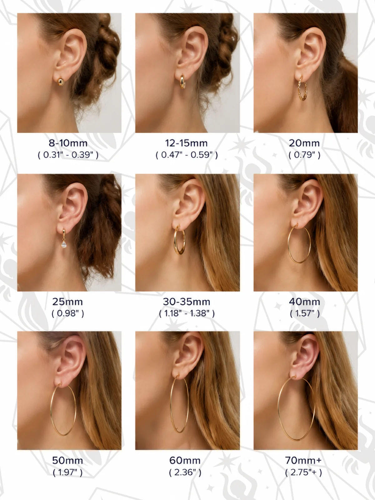 Hoop and drop earring length comparison shown when worn