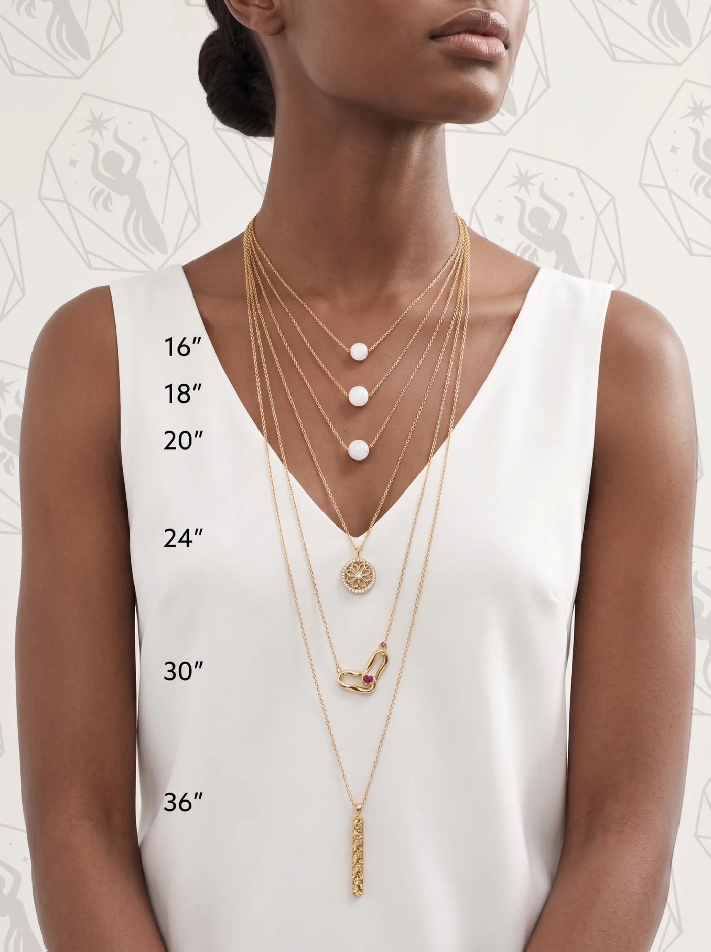 Necklace length guide showing where different chain lengths sit when worn