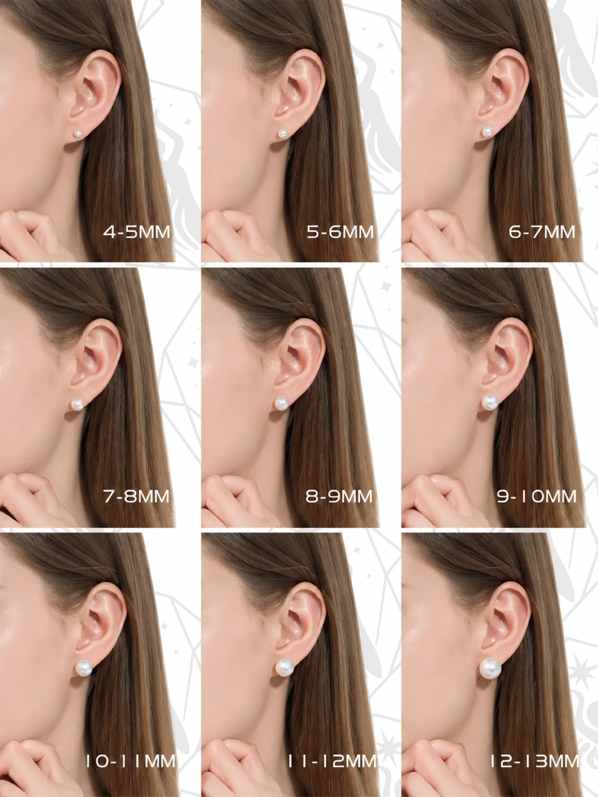 Stud earring size comparison showing different diameters worn on the ear